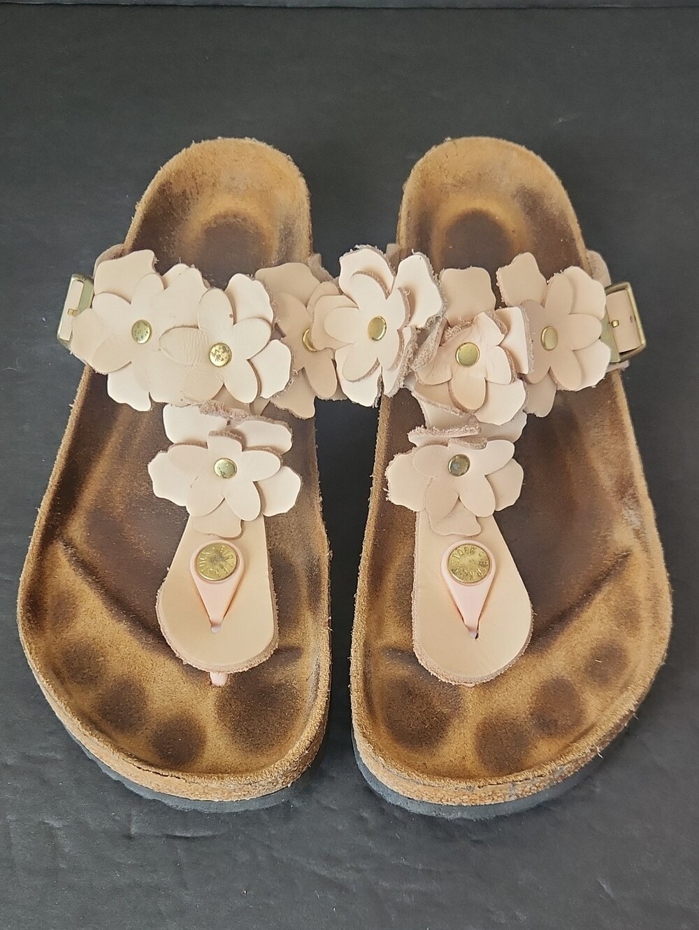 Birkenstock Women’s Gizeh' Pink Flower Sandals Leather Comfort Flat Size 7-7.5